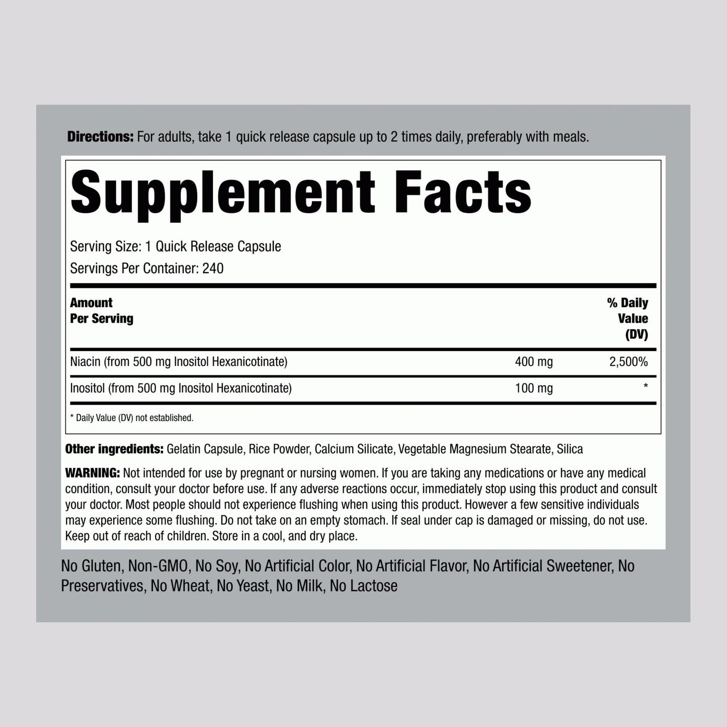 Piping Rock Niacin 500mg Flush Free Vitamin B3 Supplement Capsule 240 Count