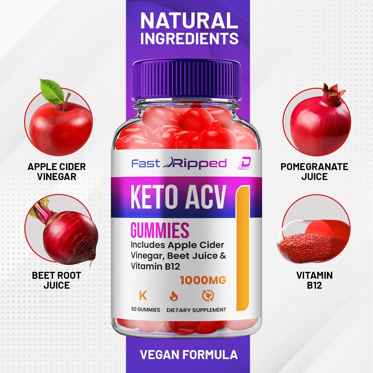 Indelo Fast Ripped ACV Gummies, 1000 mg Apple Cider Vinegar, 60 Gummies