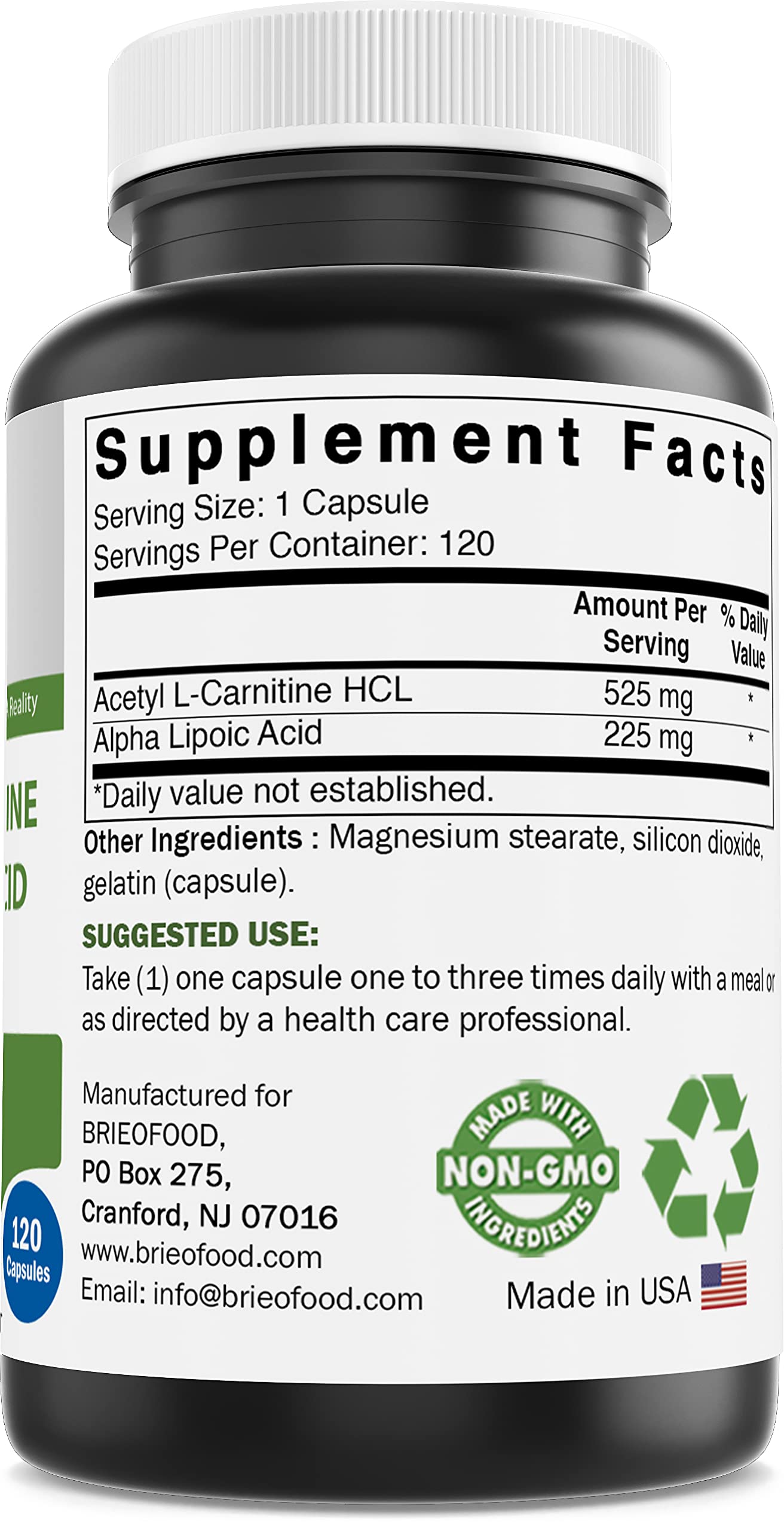 Brieofood Acetyl L-Carnitine Alpha Lipoic Acid (ALA ALC) 750 mg, 120 Capsules