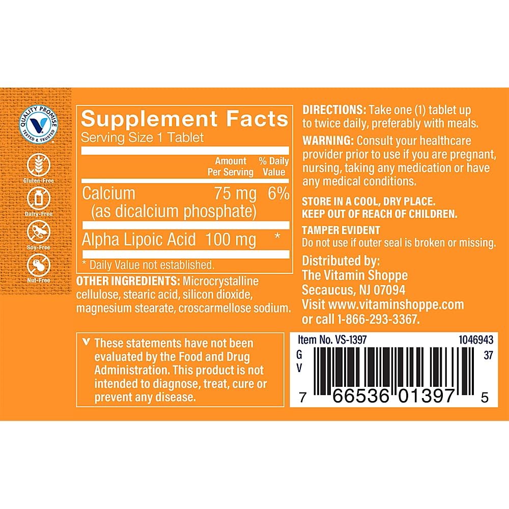 The Vitamin Shoppe Alpha Lipoic Acid 100mg, Natural Antioxidant Formula to Support Glucose Metabolism & Promotes Healthy Blood Sugar, Capsule, 120 Capsules