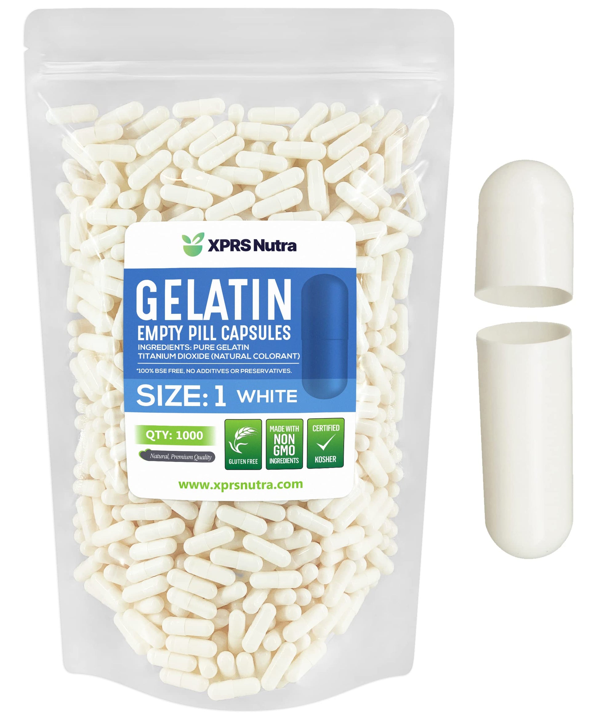 XPRS Nutra Size 1 Empty Gelatin Capsules, 1000 Count