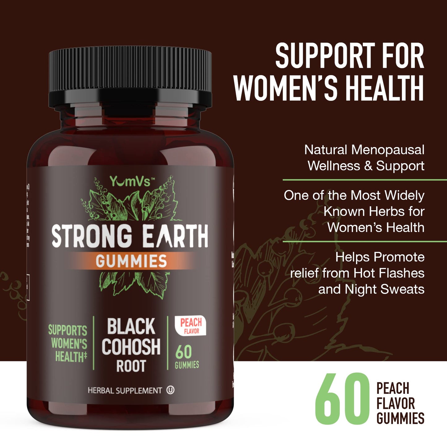 YUM-V'S Black Cohosh Gummies for Menopause Relief, 50mg Black Cohosh Root, Gluten-Free, Vegetarian, Non-GMO, Hormone Balance Support, Peach Flavor, 60 Gummies