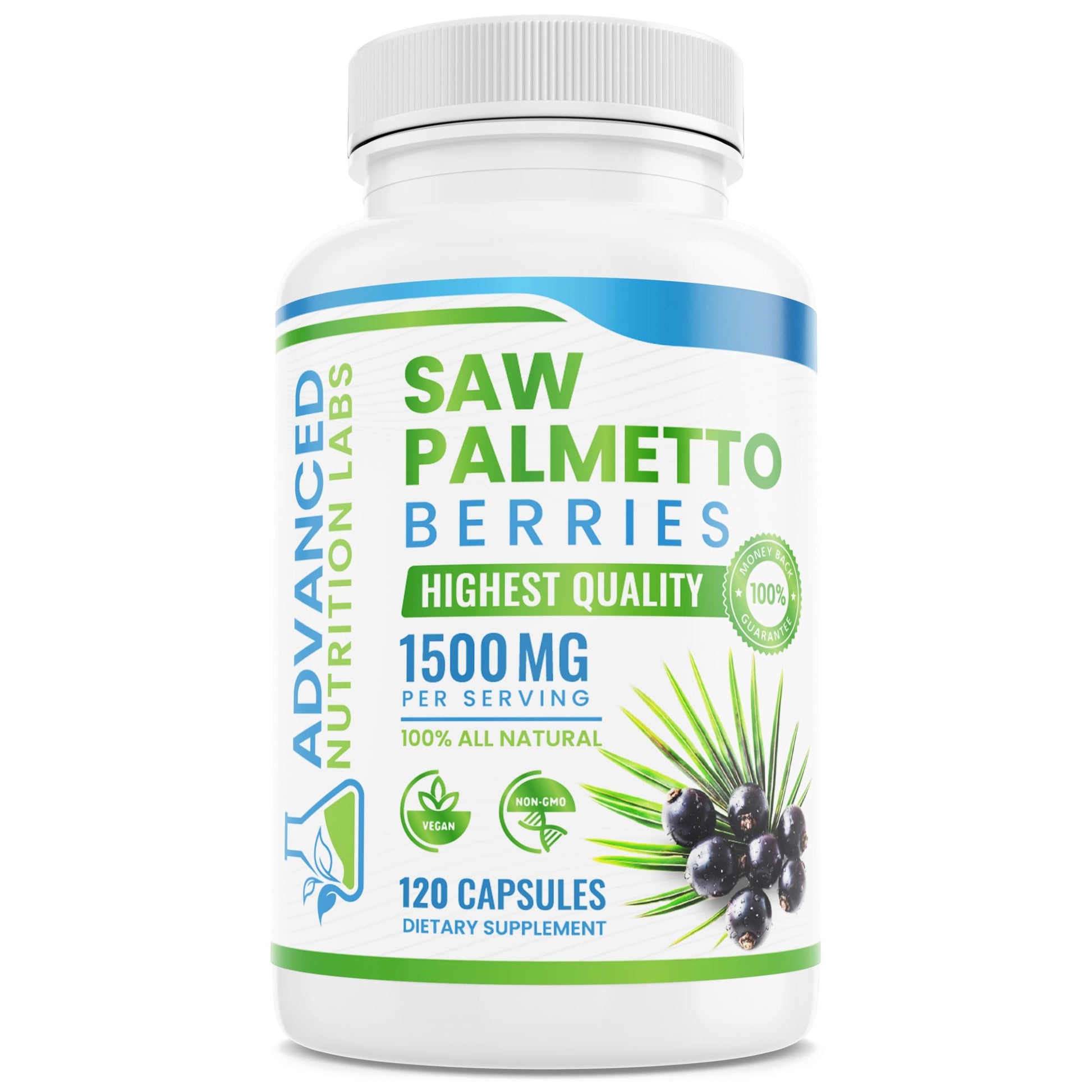 Advanced Nutrition Labs Saw Palmetto Berries & Extract 1500 mg Saw Palmetto Supplement for Men & Women - DHT Blocker for Hair Growth, Prostate Support & Urinary Health, Capsule, 120 Count