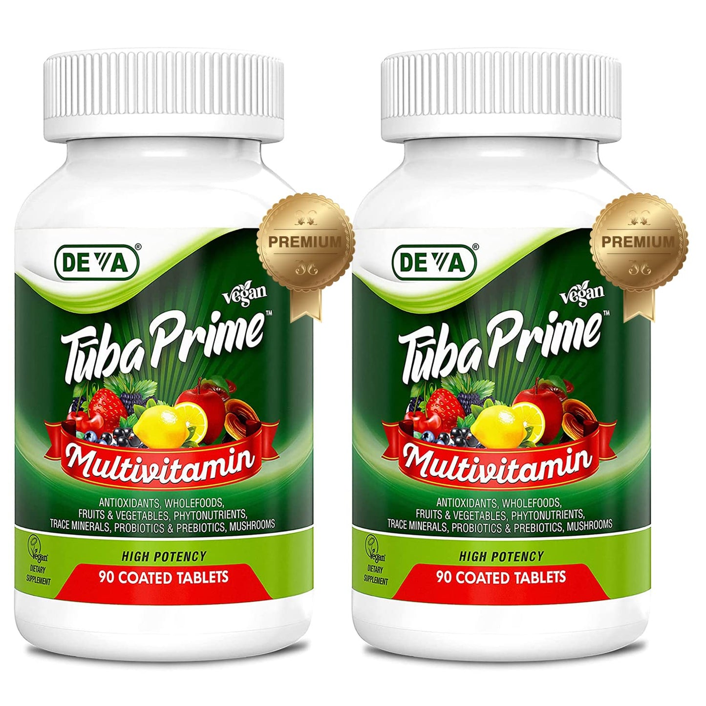 DEVA Tuba Prime Vegan Multivitamin High-Potency Vitamin and Mineral Dietary Supplement Antioxidants, Fruit and Vegetable Blend, Super Mushrooms, Probiotics, Prebiotics, Seeds, Herbs - 180 Tablets