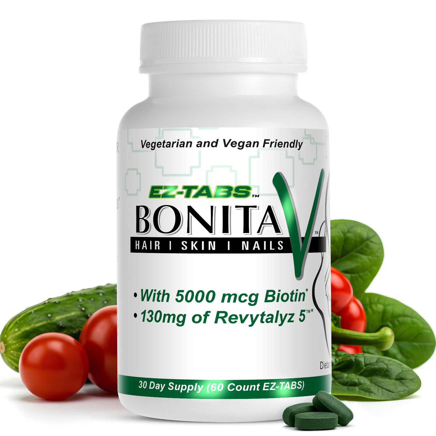 Essential Source Bonita V Hair, Skin & Nails Vitamins for Women and Men - 5000 mcg Biotin - Vegan Tablets, 60 Count