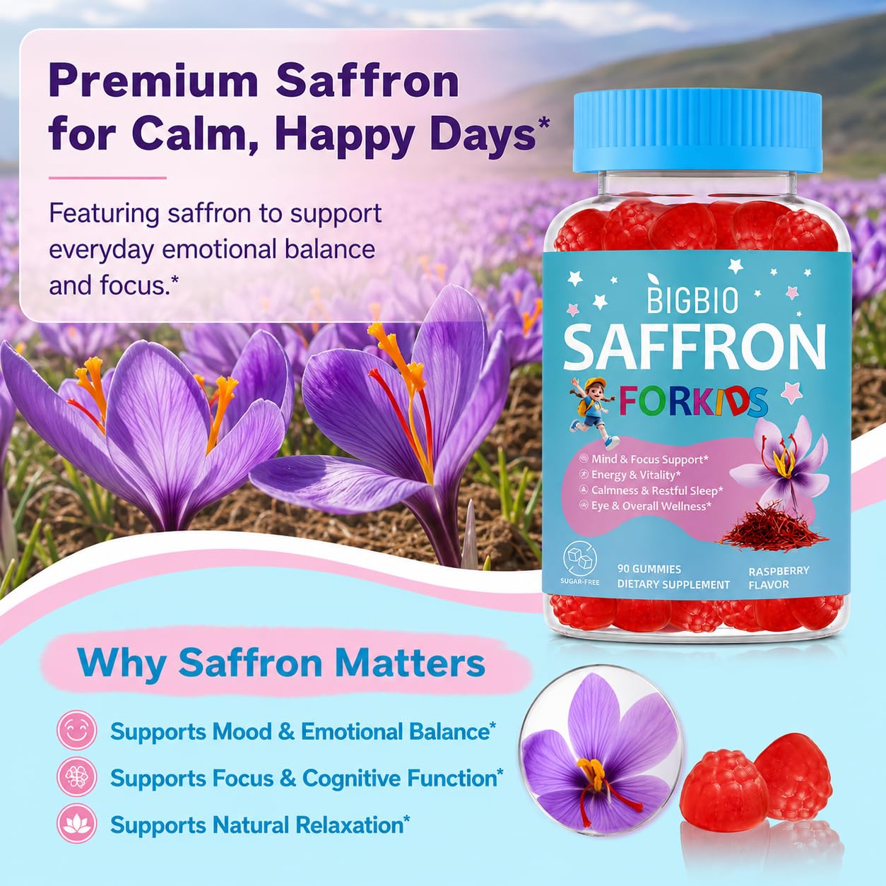 BIGBIO Saffron for Kids Happy Mood Gummies, 1 Count