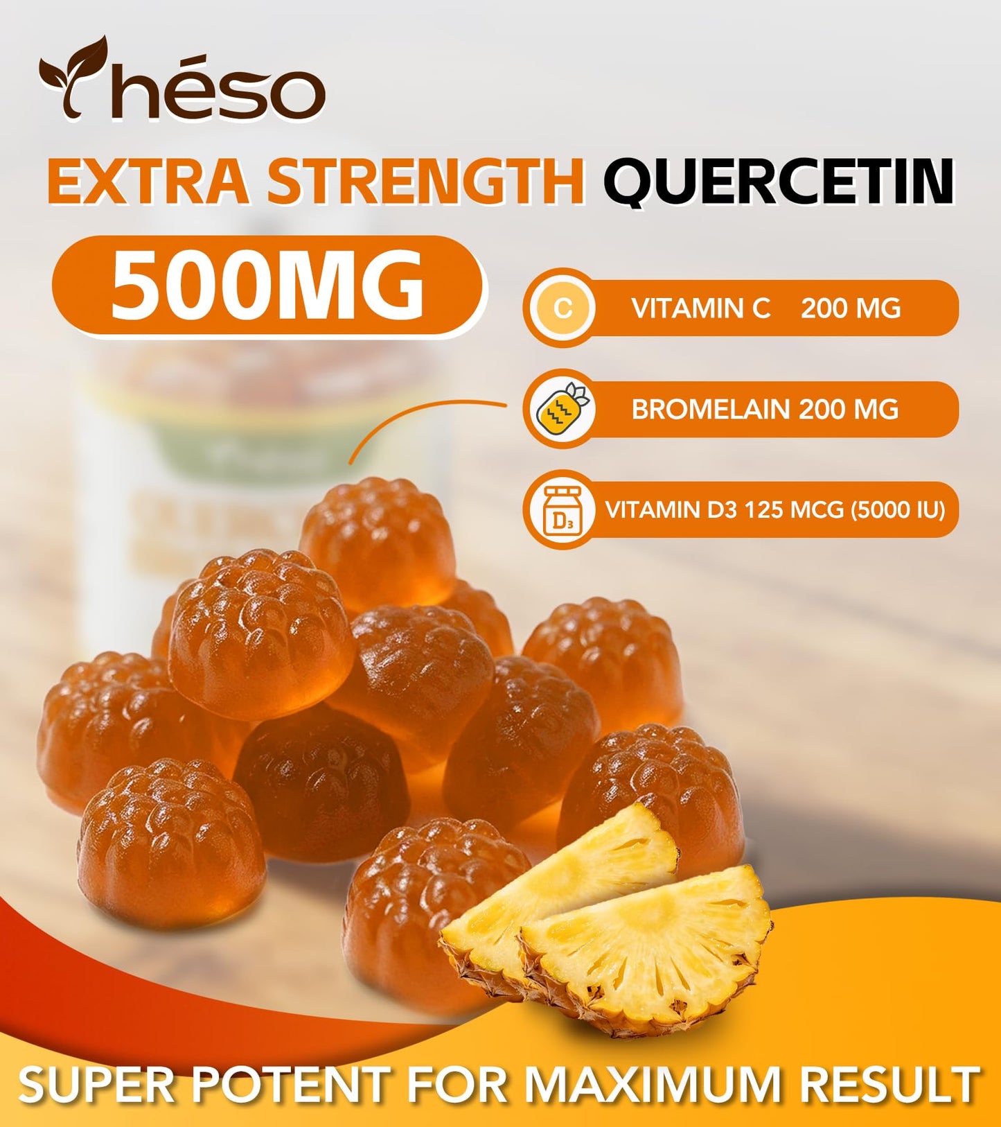 Yheso Quercetin 500mg with Bromelain, Vitamin C, D3 & Zinc – Sugar Free Immune Support – Antioxidant Complex with Pineapple Enzyme, 60 Gummies