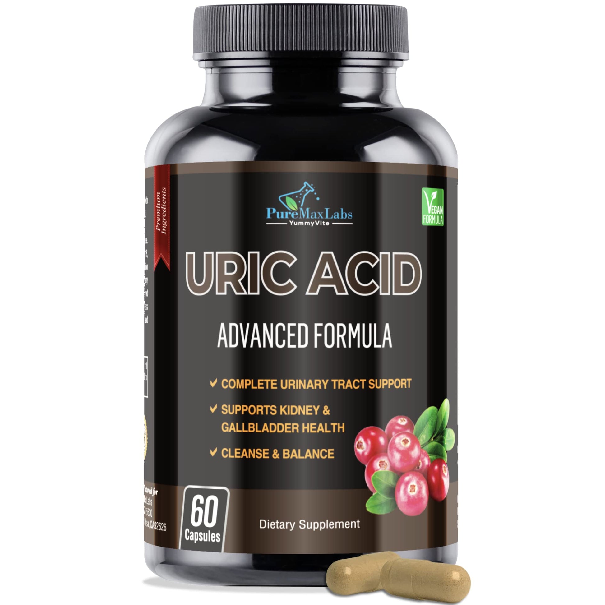 YUMMYVITE Uric Acid Advanced Formula Kidney, Liver, Gallbladder, Urinary Tract Cleanse with Cranberry, Chanca Piedra, Tart Cherry, Milk Thistle and Bromelain 60 Capsules