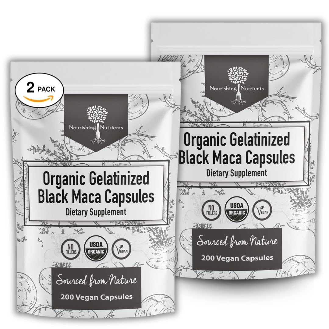 Nourishing Nutrients Organic Gelatinized Black Maca Root for Men & Women 400 Capsules