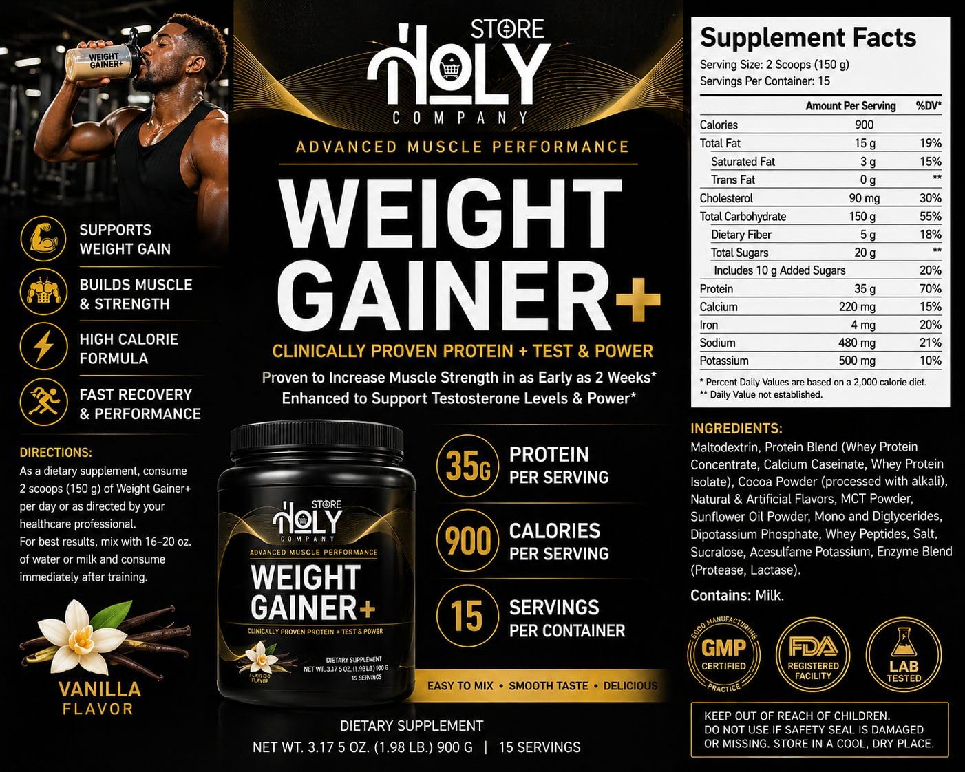 Holy Store Company Weight Gainer Protein Powder Muscle Mass Builder Vanilla Flavor, 31.75