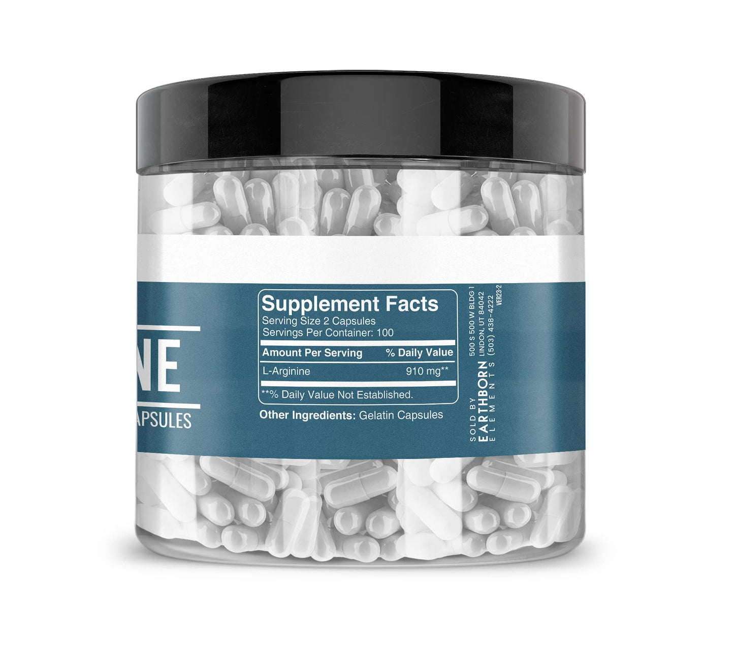 Earthborn Elements L-Arginine Pure & Undiluted, No Additives, Capsules, 200 Count