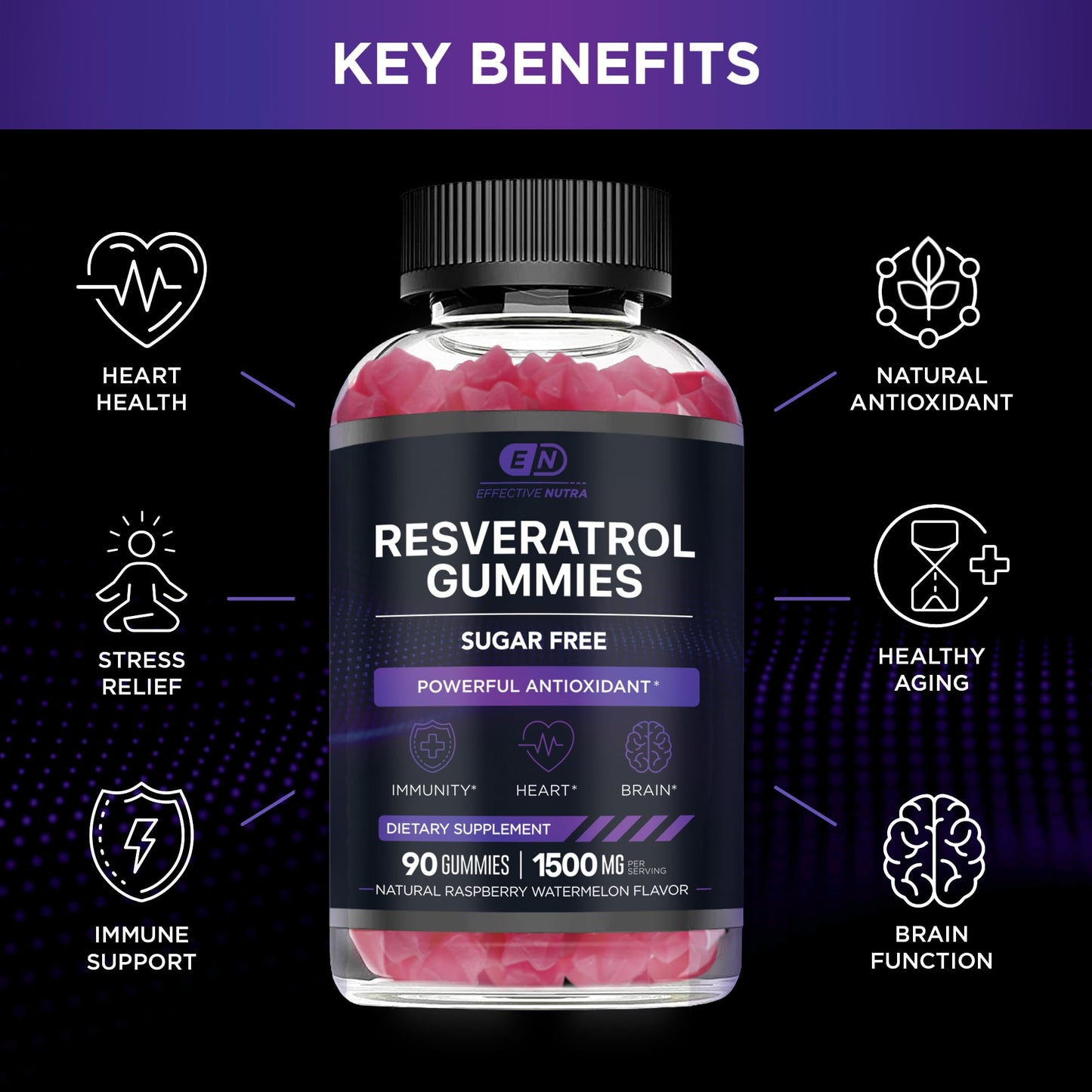 Effective Nutra Resveratrol Gummies 1500mg Raspberry Watermelon, 90 Count