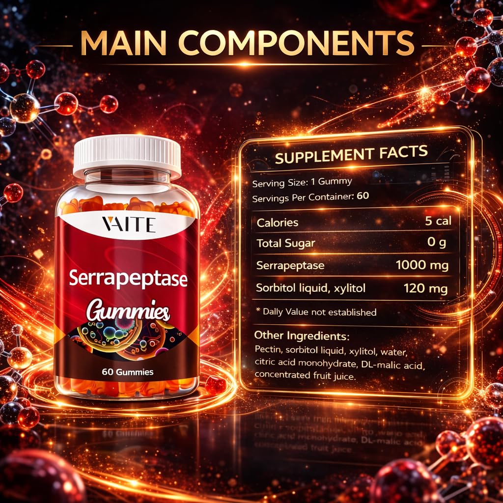 VAITE Serrapeptase Supplement 120,000 SPU – High Potency Proteolytic Enzyme, Non-GMO, Vegan, Gluten-Free, Supports Enzyme Activity & Digestion, Easy to Digest, 60 Gummies
