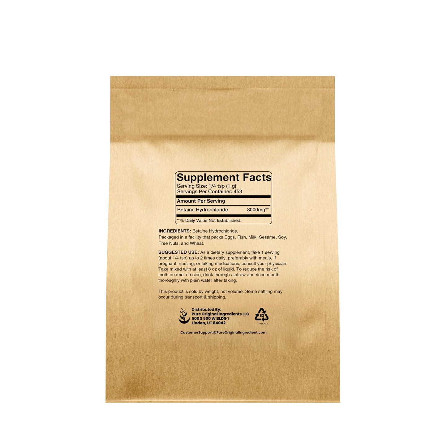 Pure Organic Ingredients Betaine HCL Capsule 16 Count