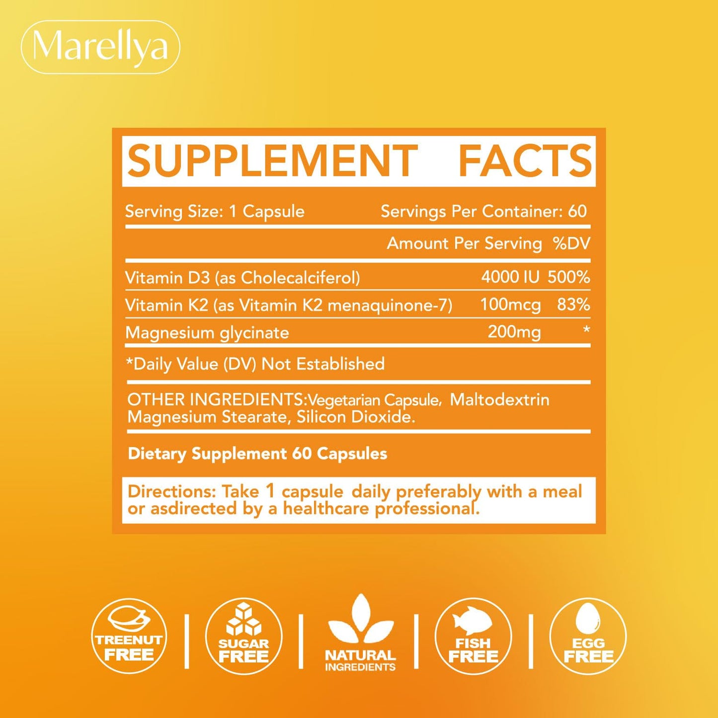 Marellya Vitamin D3 K2 Supplement with Magnesium Glycinate – 3-in-1 High Absorption Formula 4000 IU D3 & 100mcg K2 (MK-7) – Supports Bone, Heart & Immune Health – 60 Capsules