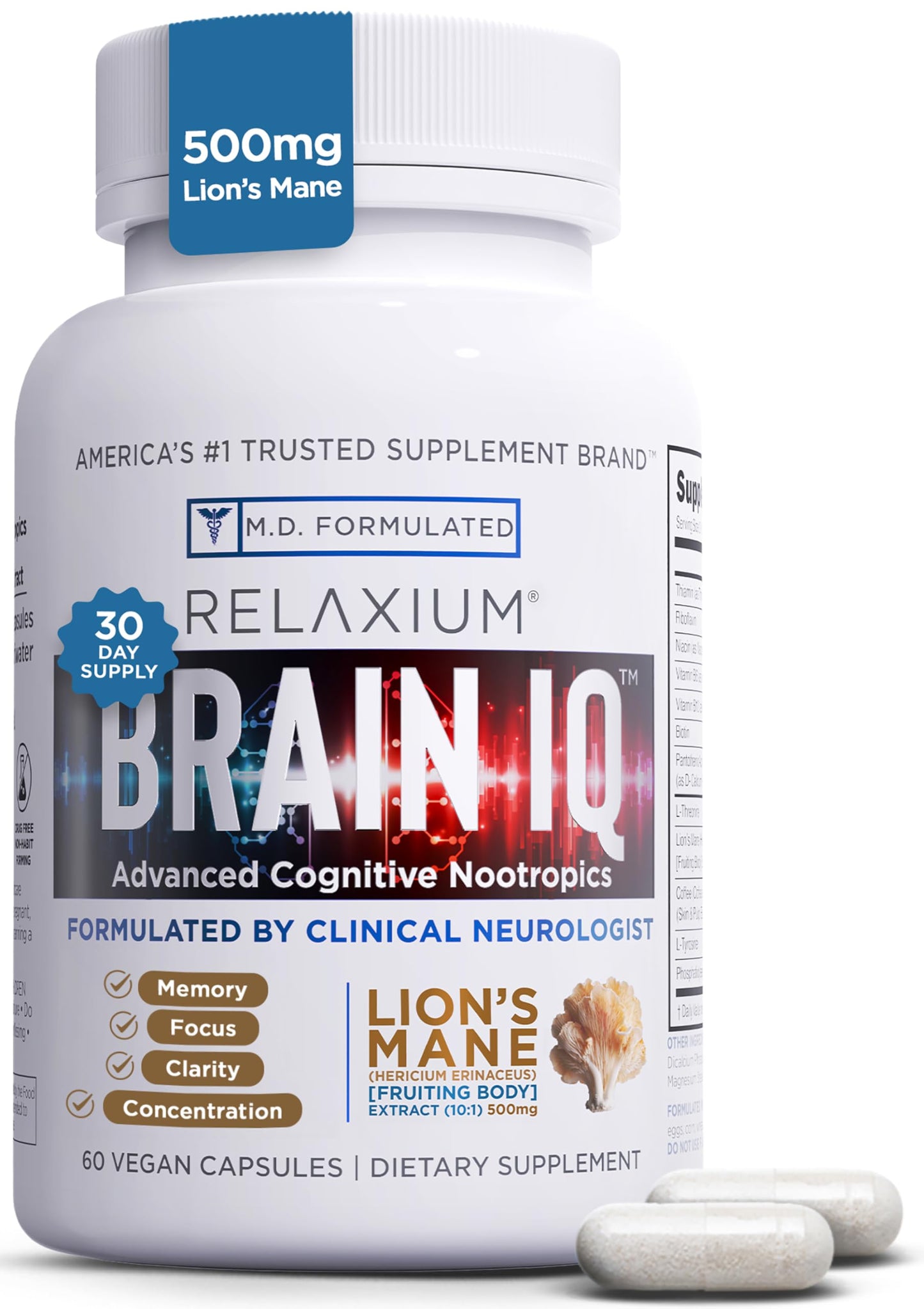 Relaxium BrainIQ Nootropic Capsule, 60 Count