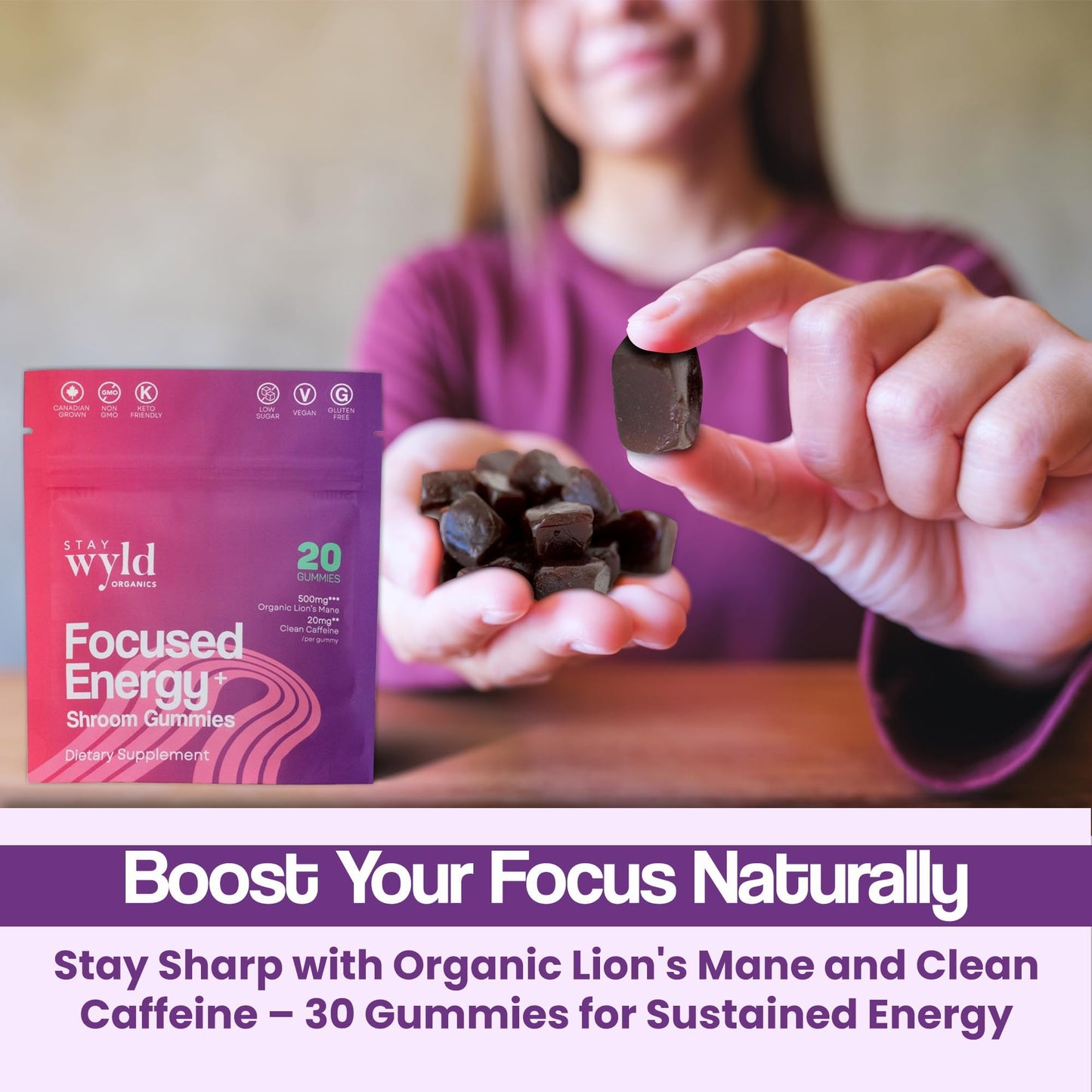 Stay Wyld Organics Focused Energy+ Mushroom Gummies, 20 Count