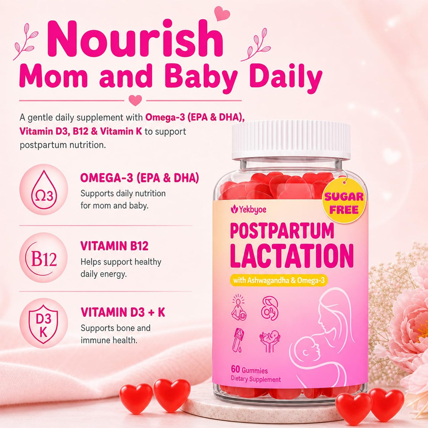 YEKBYOE Lactation Support Gummies with DHA, Moringa & Milk Thistle for Breastfeeding Moms, 420 Gummies