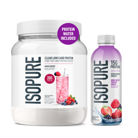 Isopure Clear Whey Isolate Mixed Berry Protein Powder 16 Servings + 1 Bottle of Clear Protein Water with Electrolytes, 15g Whey Protein Isolate, Zero Sugar, Mixed Berry, 20 fl oz Bottle