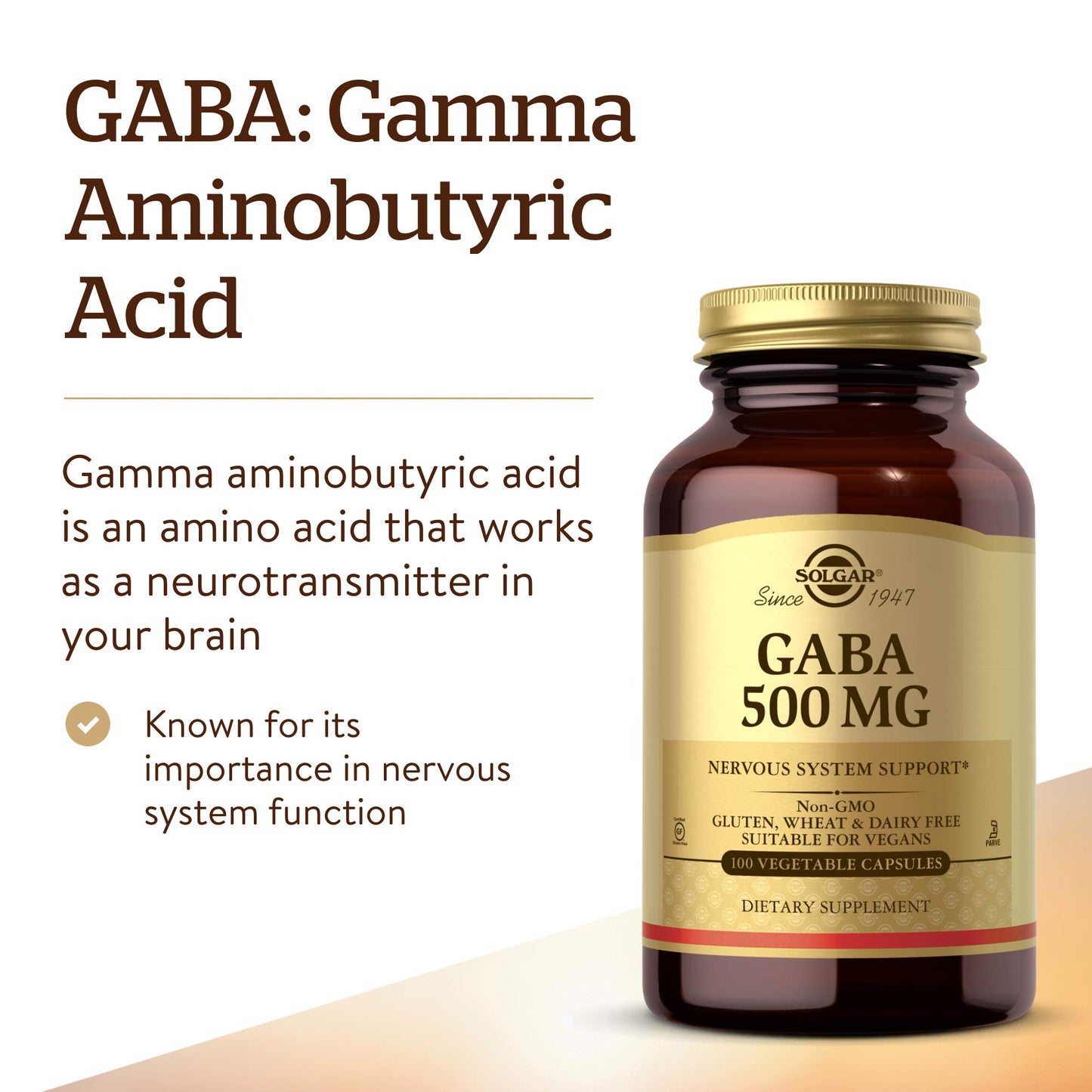 Solgar GABA 500 mg Capsules, 100 Count, Nervous System Support
