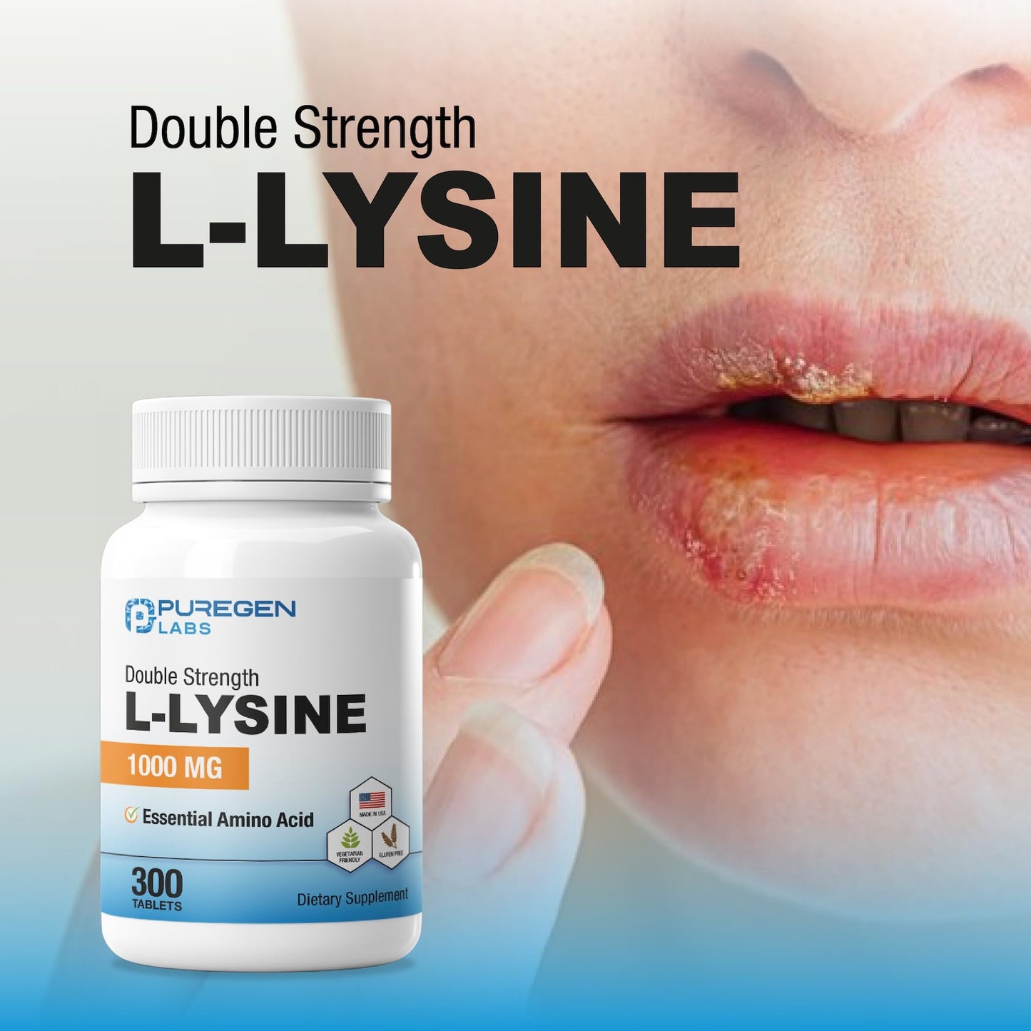 P Puregen Labs L-Lysine Extra Strength 1000 mg per Tablet, 300 Tablets