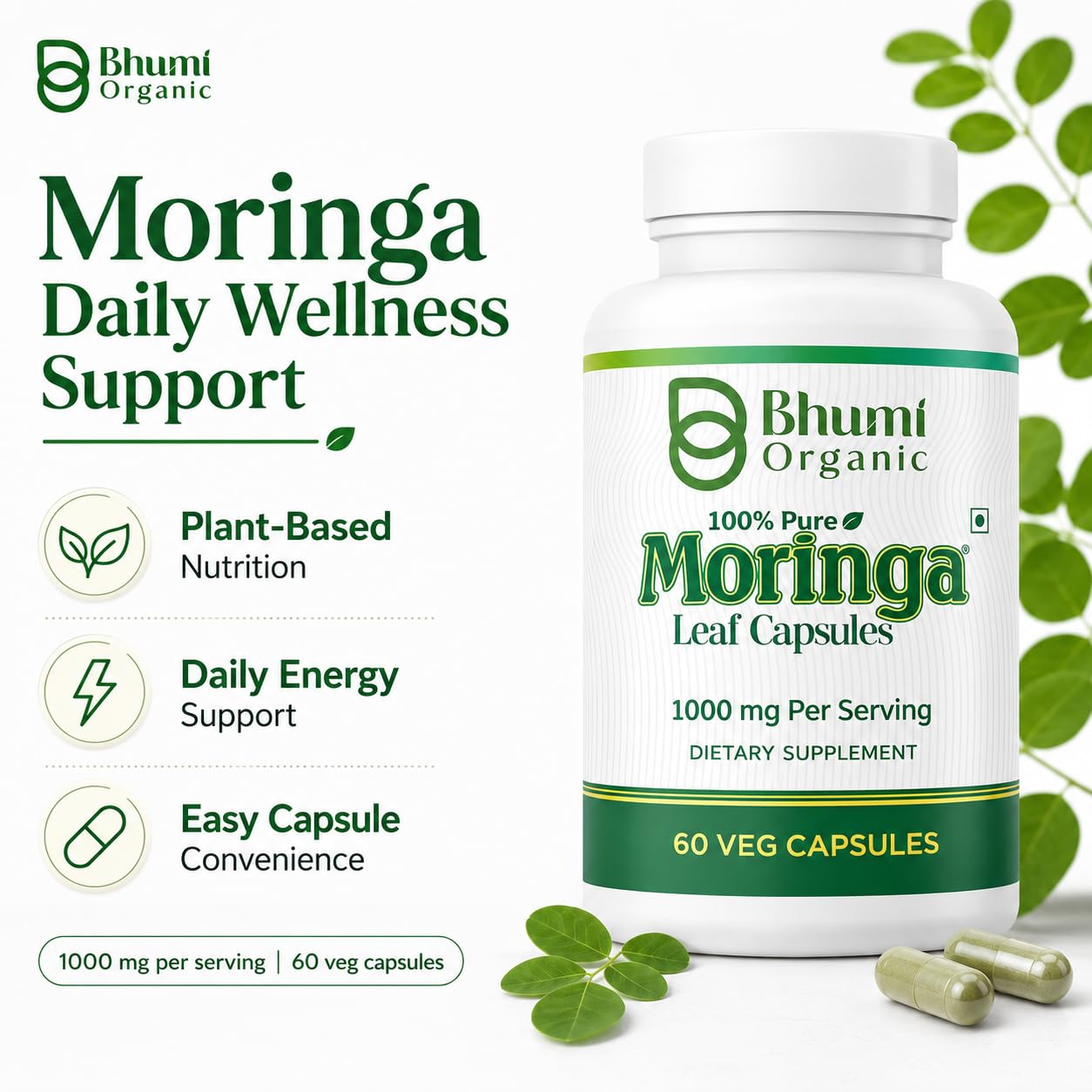 Bhumi Organic Moringa Powder Capsules 800mg, 60 Count