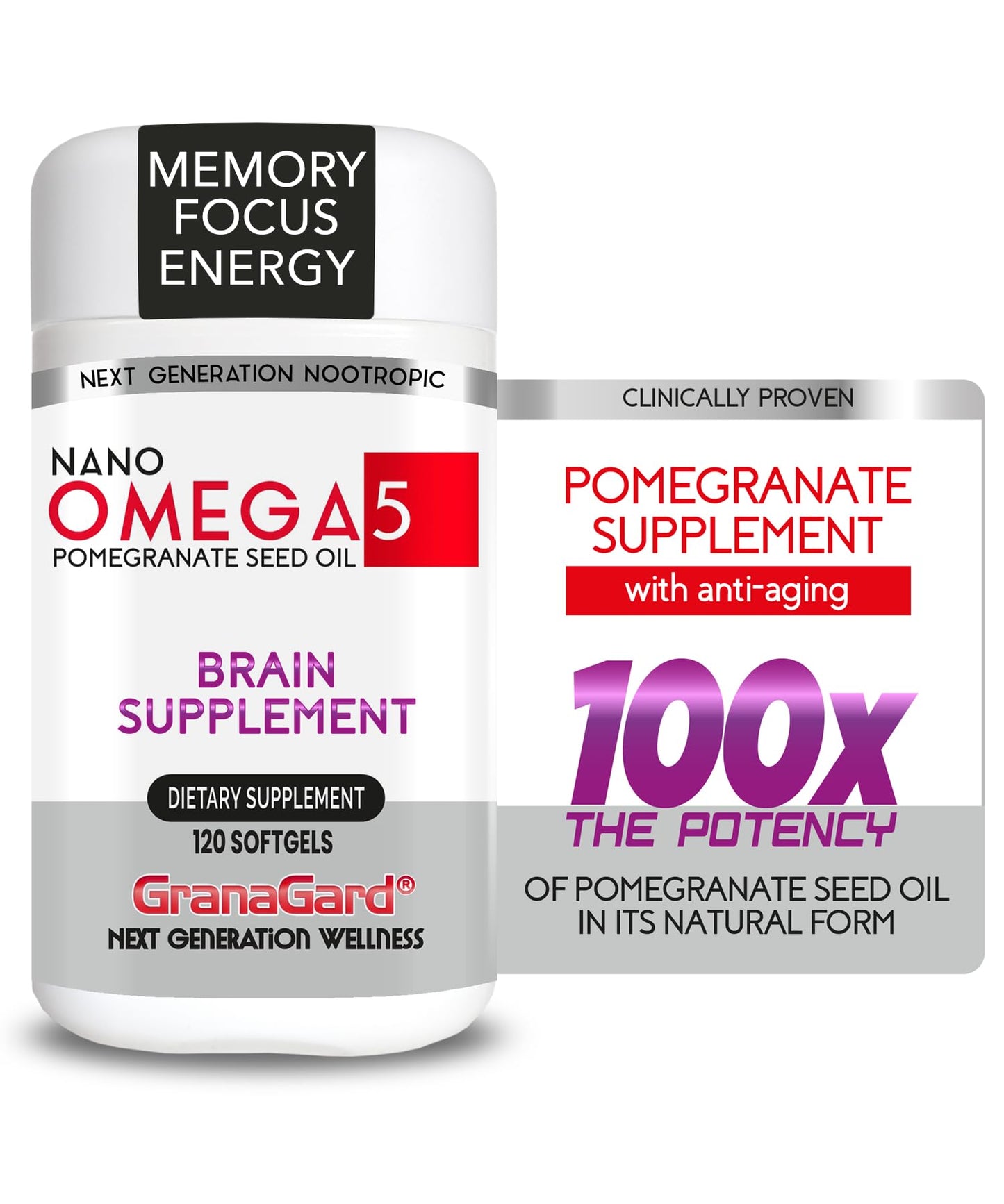 Granagard GranaGard Clinically Proven Brain Supplements with Anti Aging, Memory Pills, Omega 5 Pomegranate Softgels 120 Count
