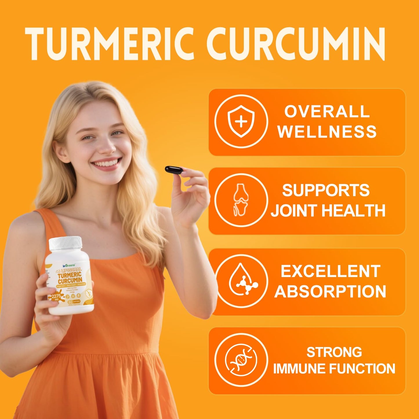 inGreens Turmeric Supplement 2275mg, 95% Curcumin, Liposomal Curcumin for Joint Support, 60 Softgels