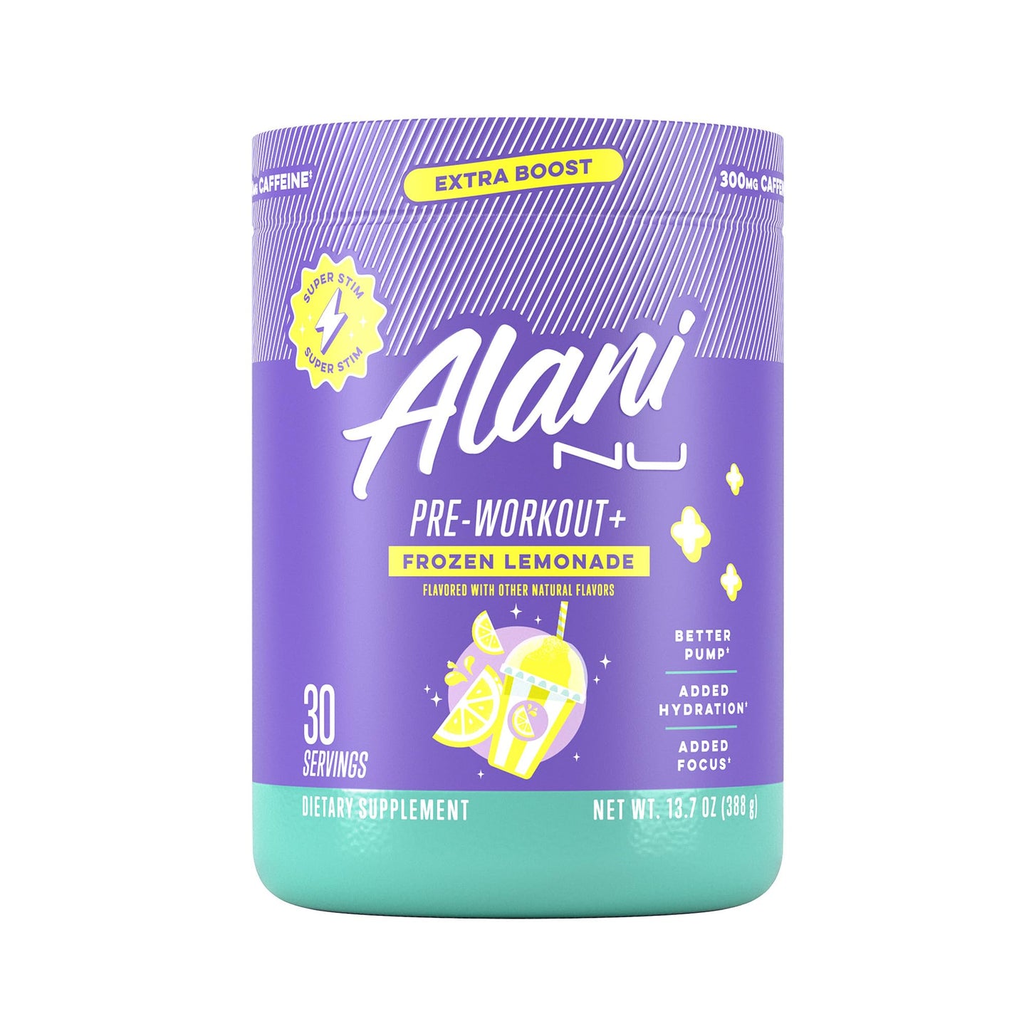 Alani Nu Pre Workout+ Powder Frozen Lemonade Extra Boost Sugar Free 300mg Caffeine L-Theanine Beta-Alanine Citrulline 13.8 oz