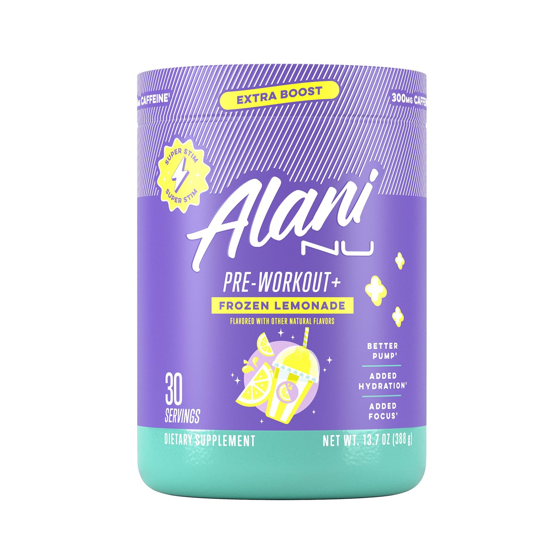 Alani Nu Pre Workout+ Powder Frozen Lemonade Extra Boost Sugar Free 300mg Caffeine L-Theanine Beta-Alanine Citrulline 13.8 oz
