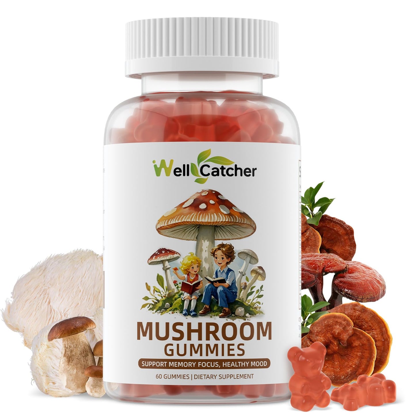 Wellcatcher Mushroom Gummies with Ashwagandha, Lion's Mane, Reishi & Cordyceps - Brain Support, 60 Gummies