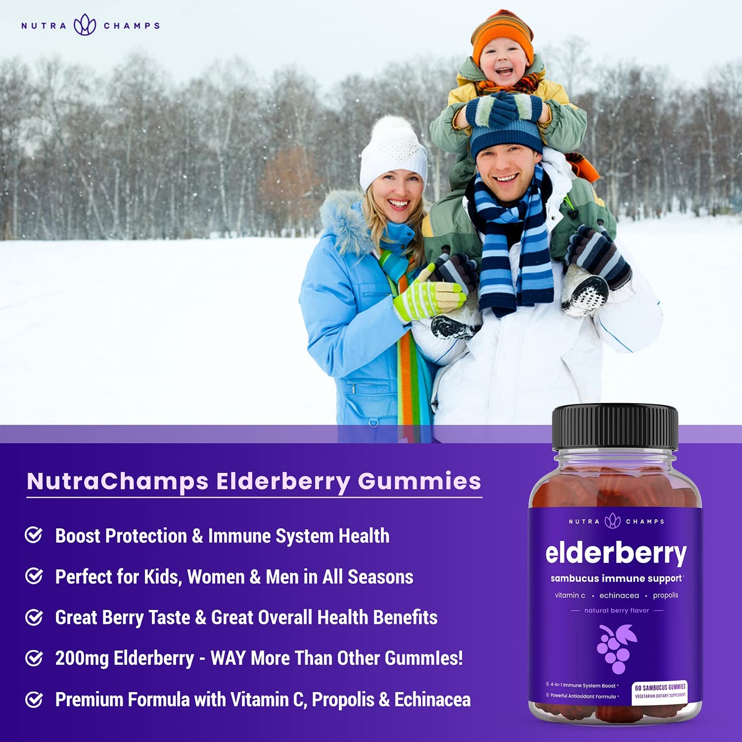 NutraChamps Elderberry Gummies with Vitamin C, Propolis & Echinacea, 60 Gummies