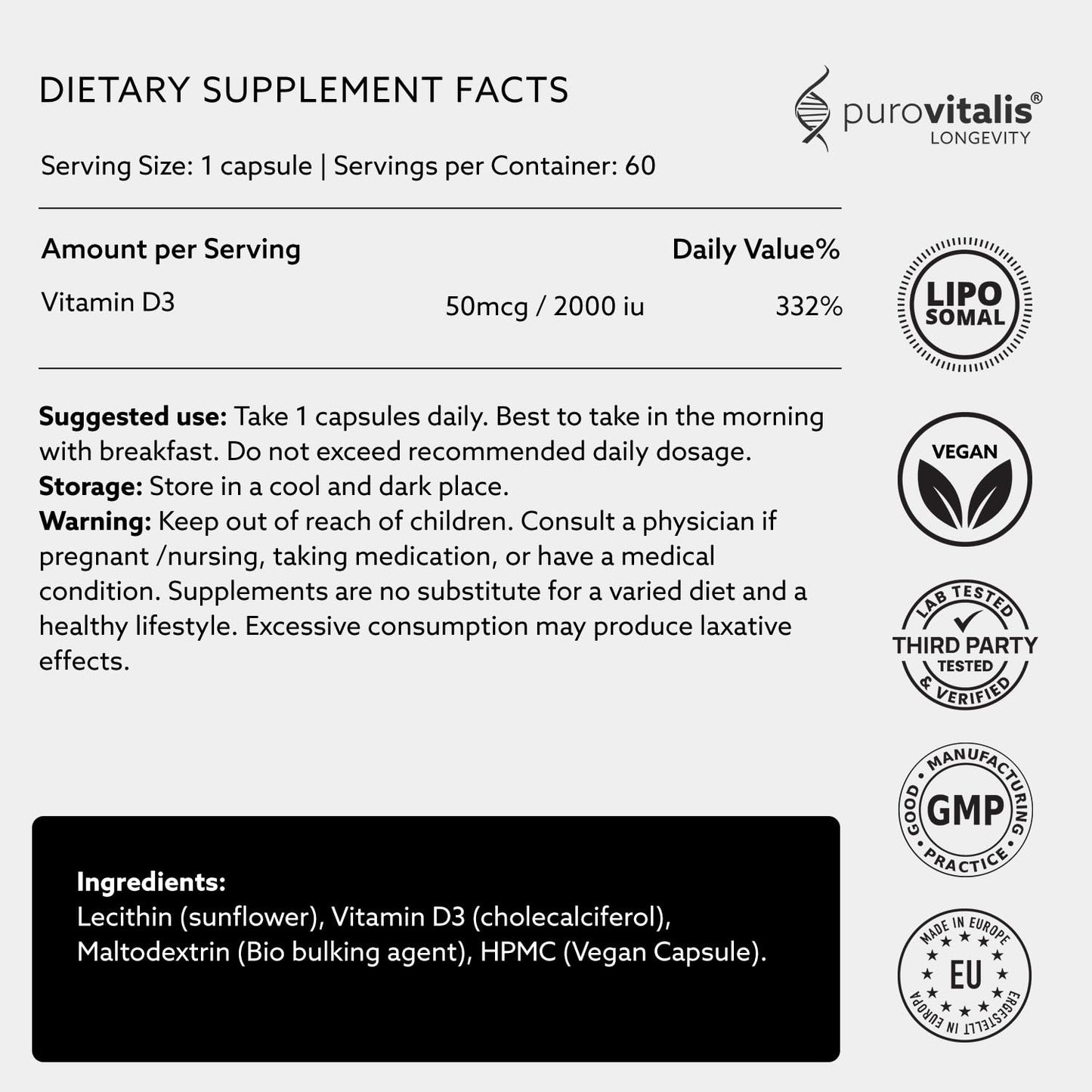 PUROVITALIS Liposomal Vitamin D3 2000iu High Strength Anti-oxidant Supplement, 60 Vegan Capsules