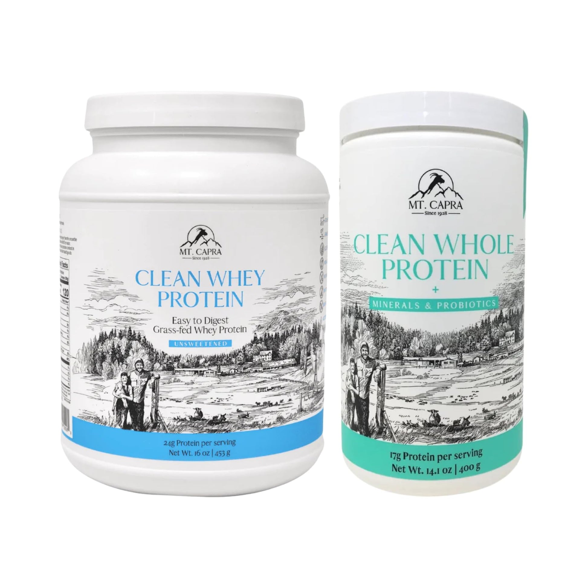 Mt. Capra Clean Whey Protein Powder (Unsweetened) and Clean Whole Protein + Minerals & Probiotics, 30.1