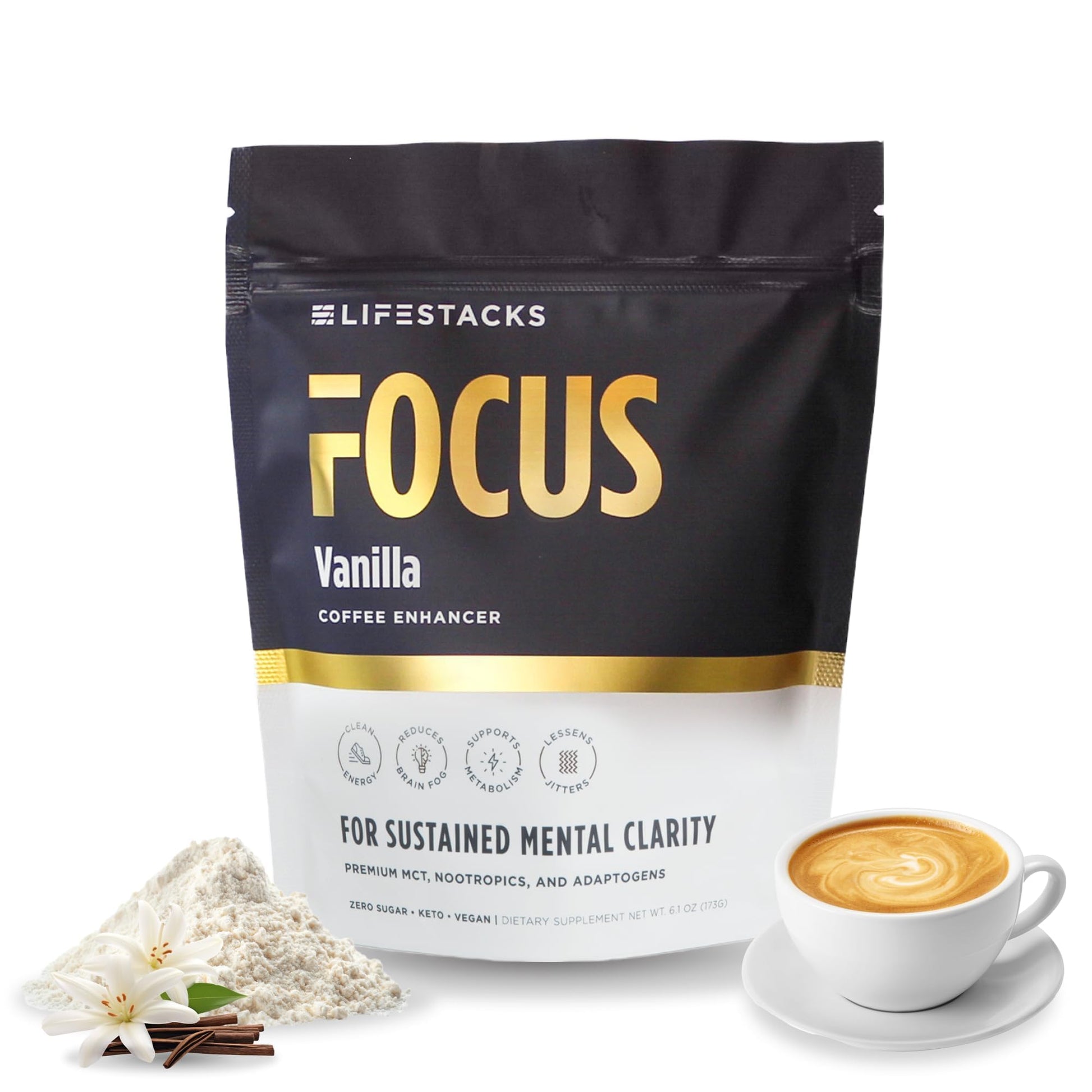 LIFESTACKS Focus Coffee Creamer for Energy & Clarity Powder 6.1 Ounce