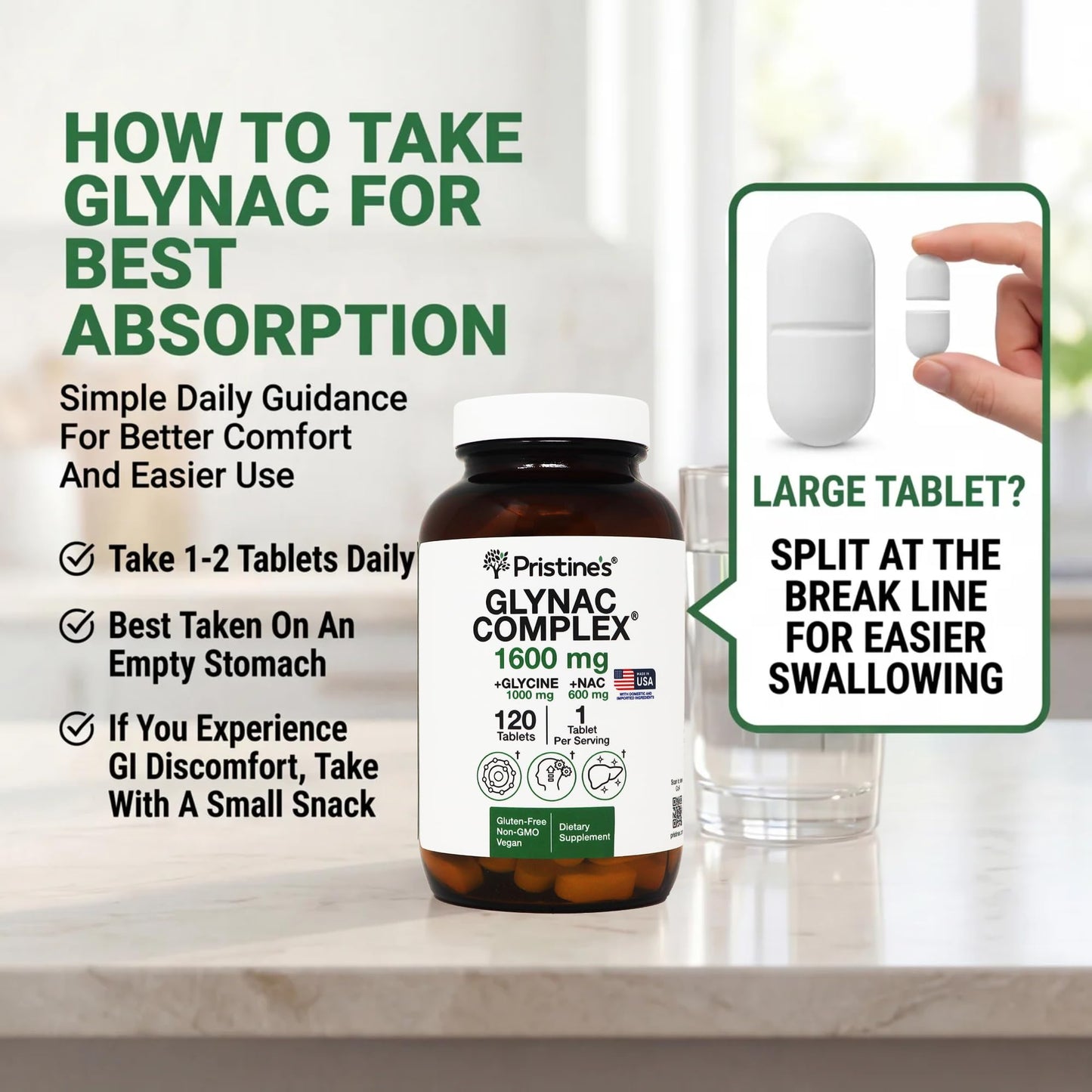 PRISTINE'S GlyNAC Supplement Complex 1600mg Capsule, 120 Capsules