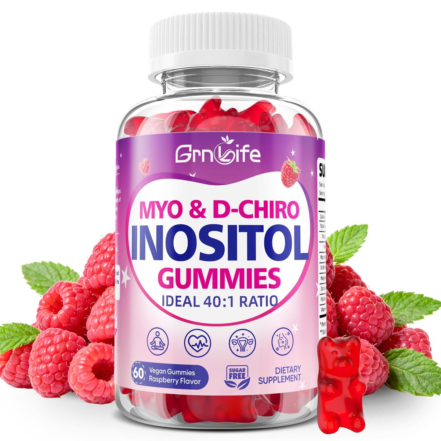 GrnLife Myo-Inositol & D-Chiro Inositol Gummies for Women, 40:1 Ratio Inositol with Vitamin D3, Magnesium Glycinate, Methyl Folate for Female Health & Wellness, Sugar Free, Raspberry Flavor, 60 Count