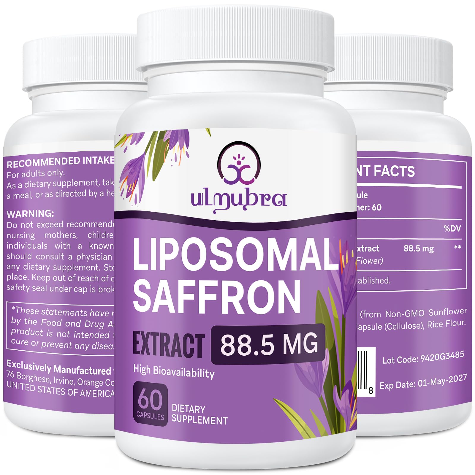 Ulmubra Liposomal Saffron Supplements 88.5 mg Capsules, 60 Count