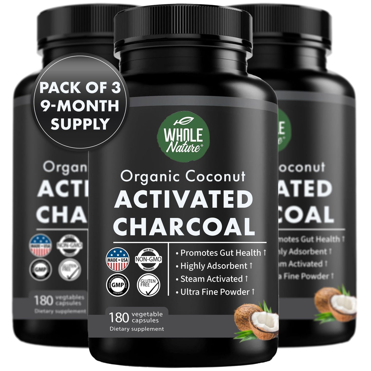 Whole Nature Coconut Activated Charcoal Capsules, 3 Capsules