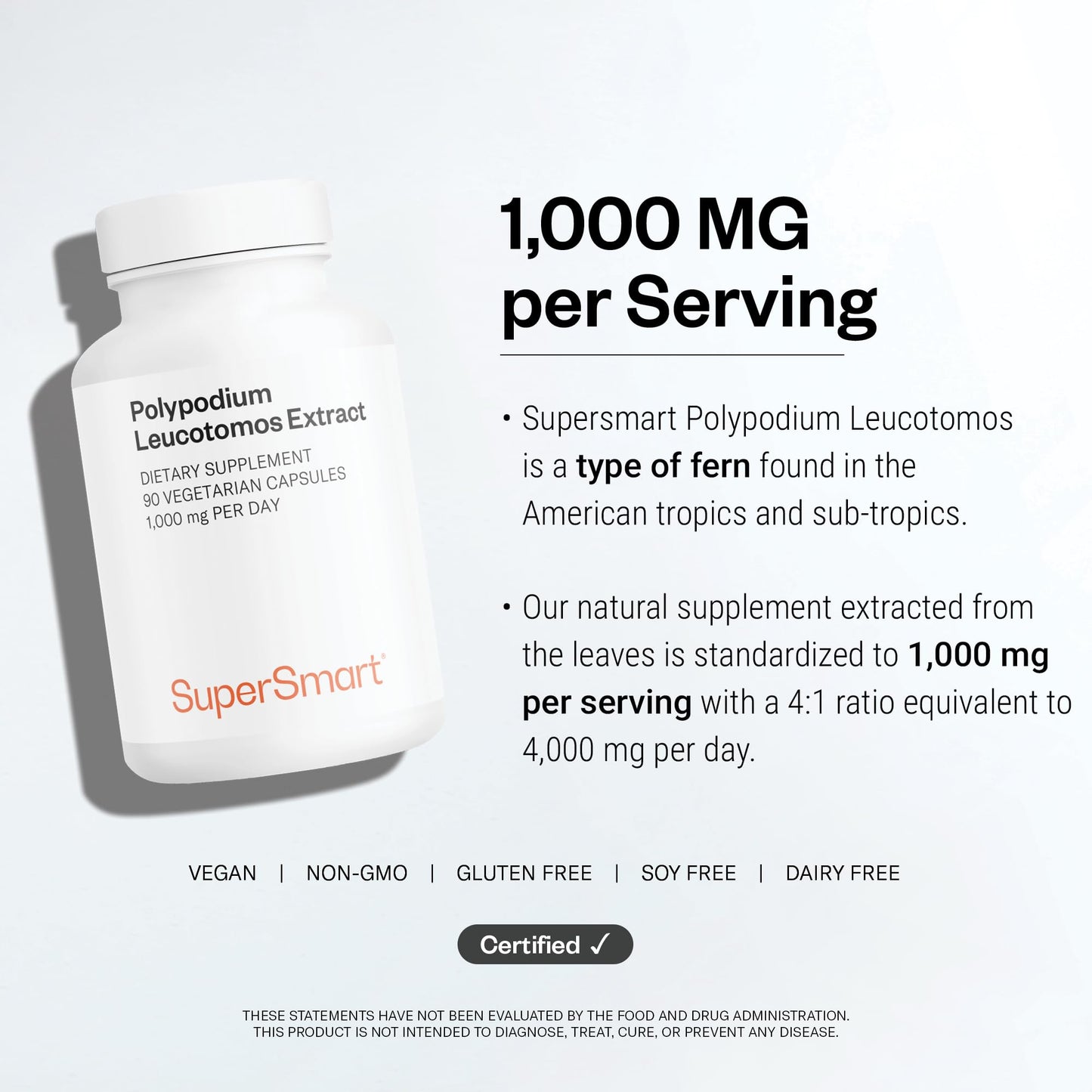 Supersmart Polypodium Leucotomos Extract 1000mg (Fern Extract 4:1) PLE Supplement Capsules, 90