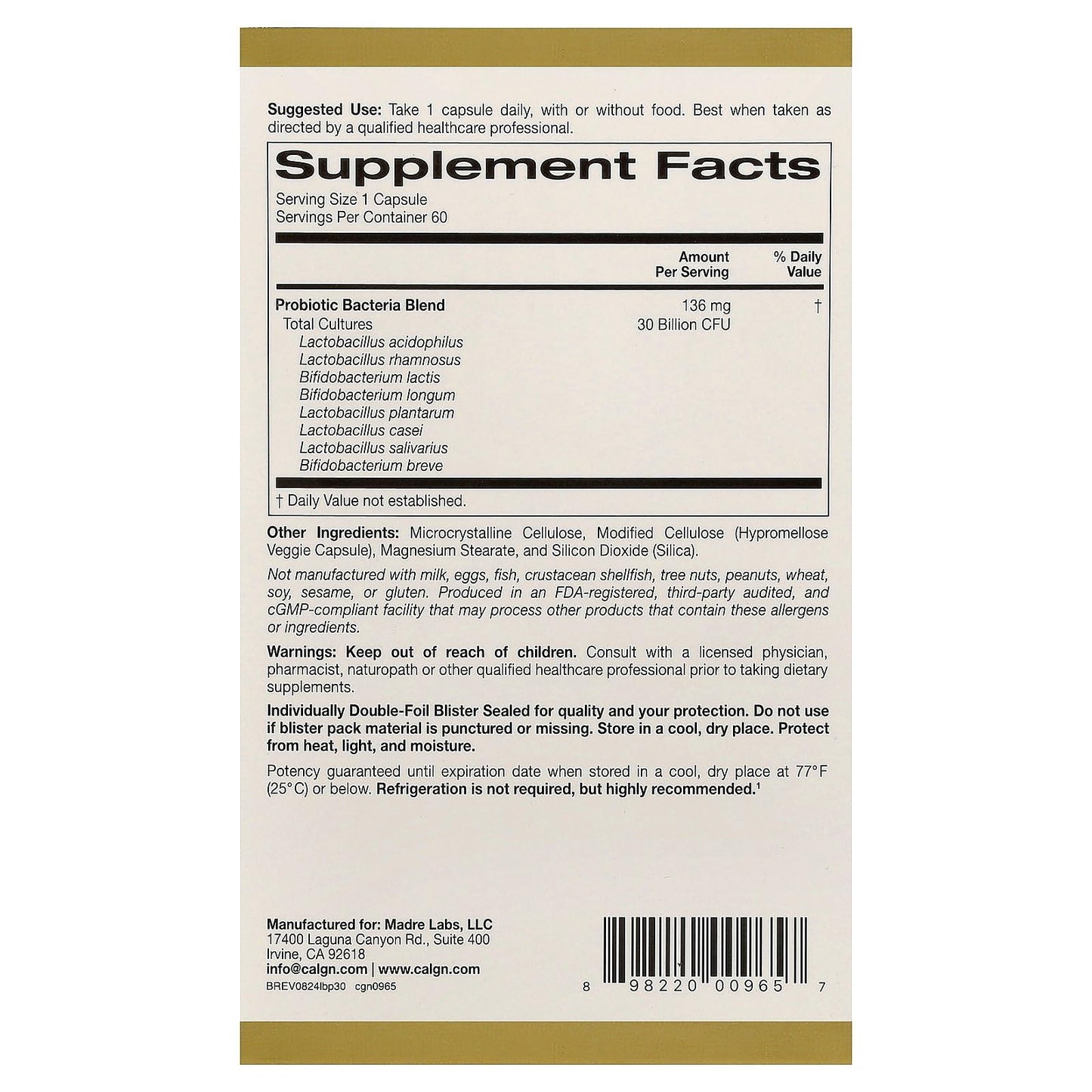 California Gold Nutrition LactoBif 30 Probiotics, 30 Billion CFU, Capsule, 60 Count