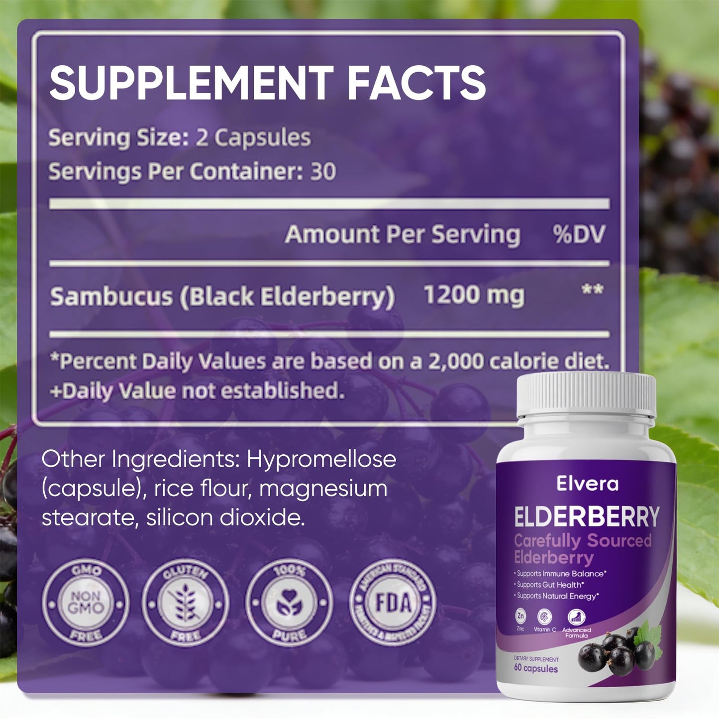 UOZXIL Elvera Elderberry Gut Support Complex 1200 mg Sambucus Elderberry Extract, Zinc + Vitamin C Advanced Formula, Digestive Wellness & Boost Energy, 60 Capsules