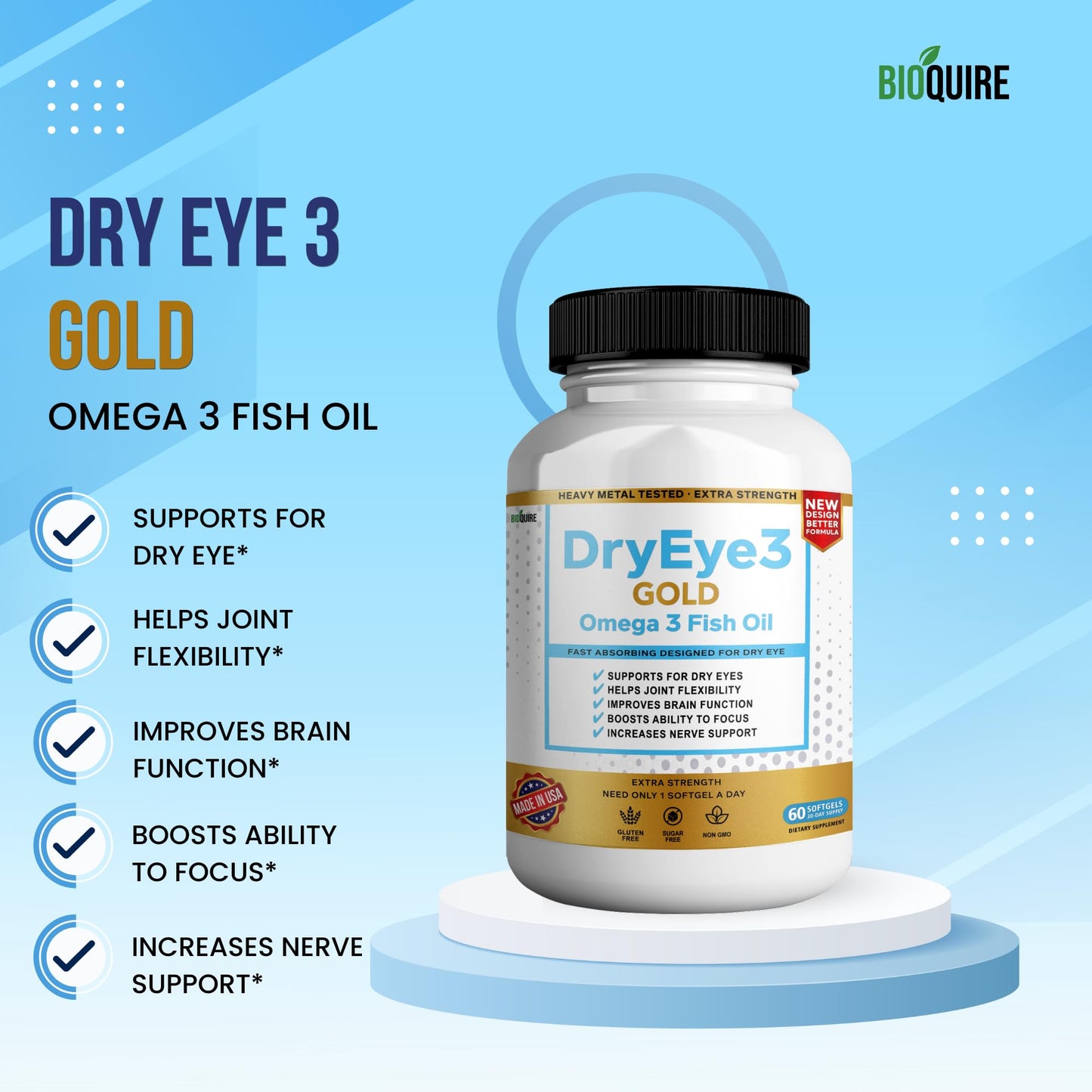 BIOQUIRE Dry Eye 3 Gold Omega-3 Fish Oil Capsules, Extra Strength, 180 Capsules