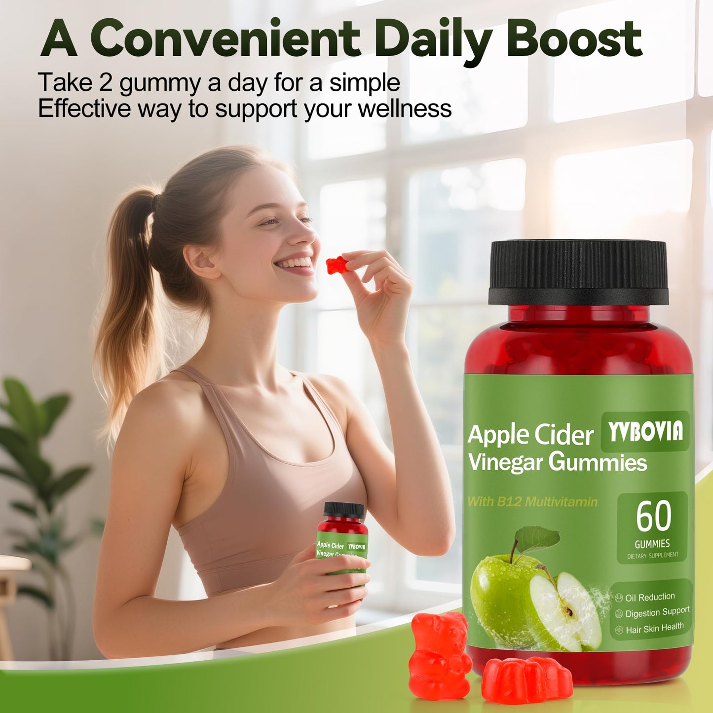 Yvbovia Apple Cider Vinegar Gummies with B12, ACV Supplement, Gluten Free, Vegan, Non-GMO, 60 Gummies