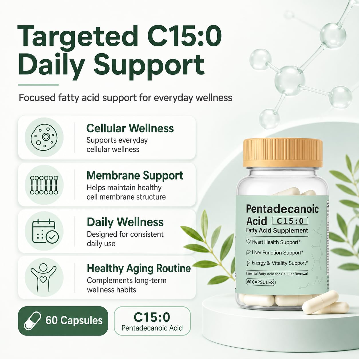 minyang Pentadecanoic Acid Capsule, C15:0 Fatty Acid Supplement for Healthy Aging, Cellular & Membrane Support, Daily Wellness Formula for Adults, 60 Count