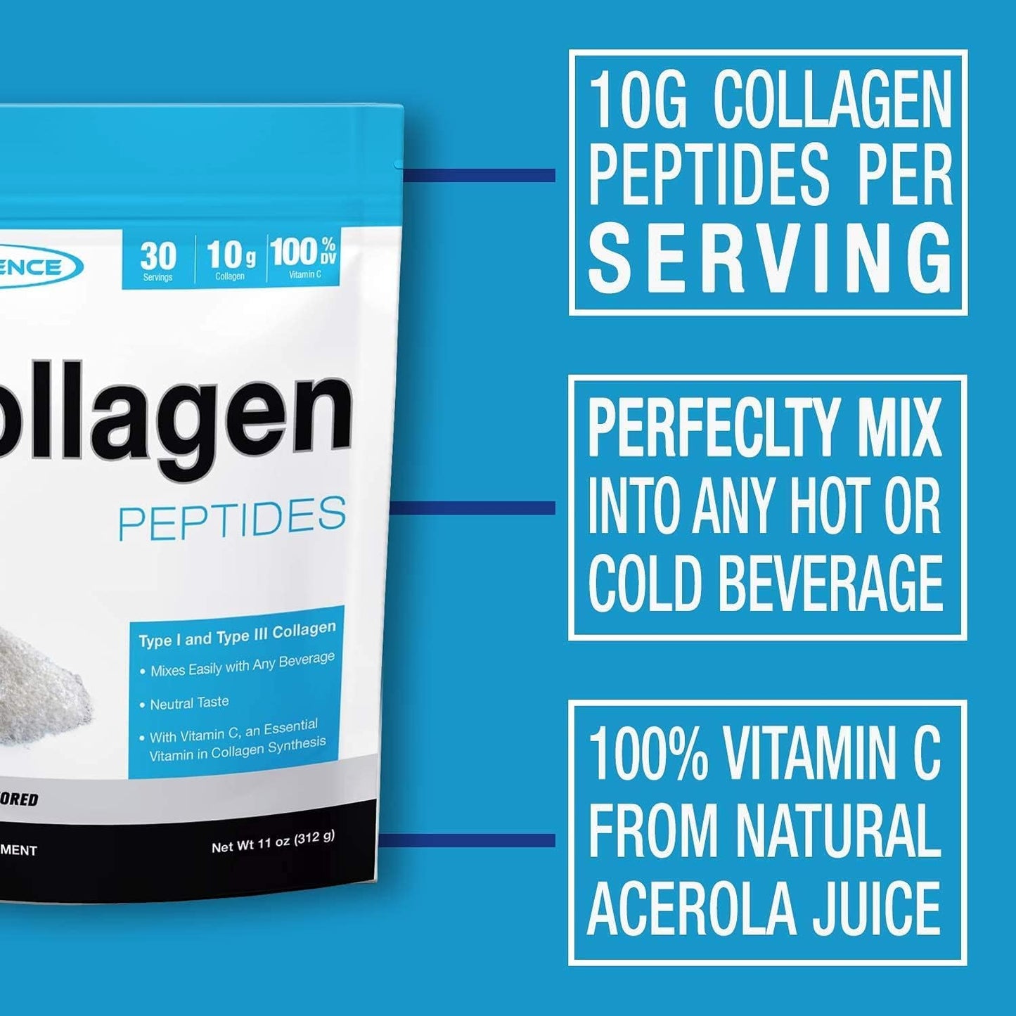PEScience Collagen Peptides Powder Type I & III with Vitamin C, Unflavored, 11 Ounce