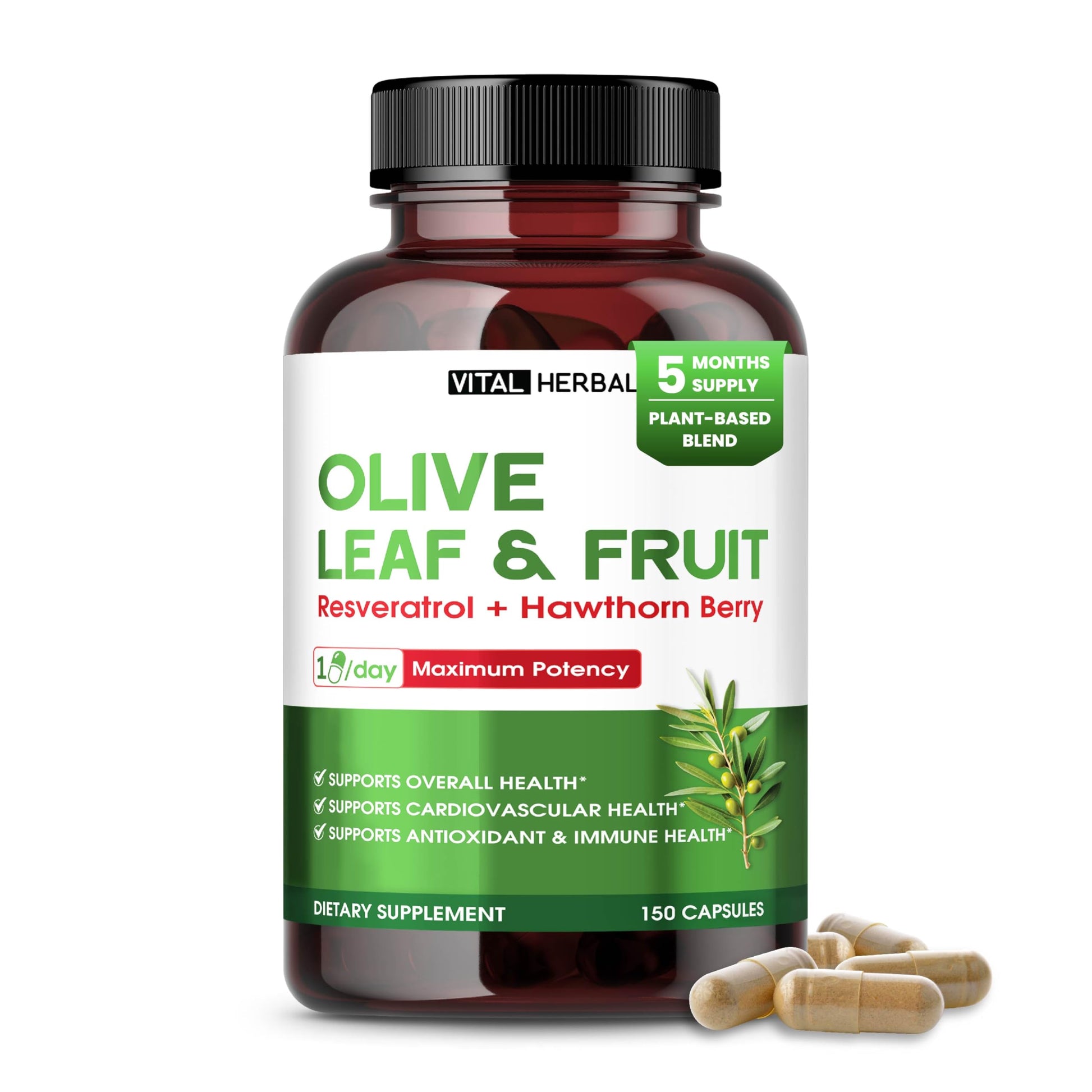 VITAL HERBAL Organic Olive Fruit & Leaf with Hawthorn Berry Capsules, 150 Capsules