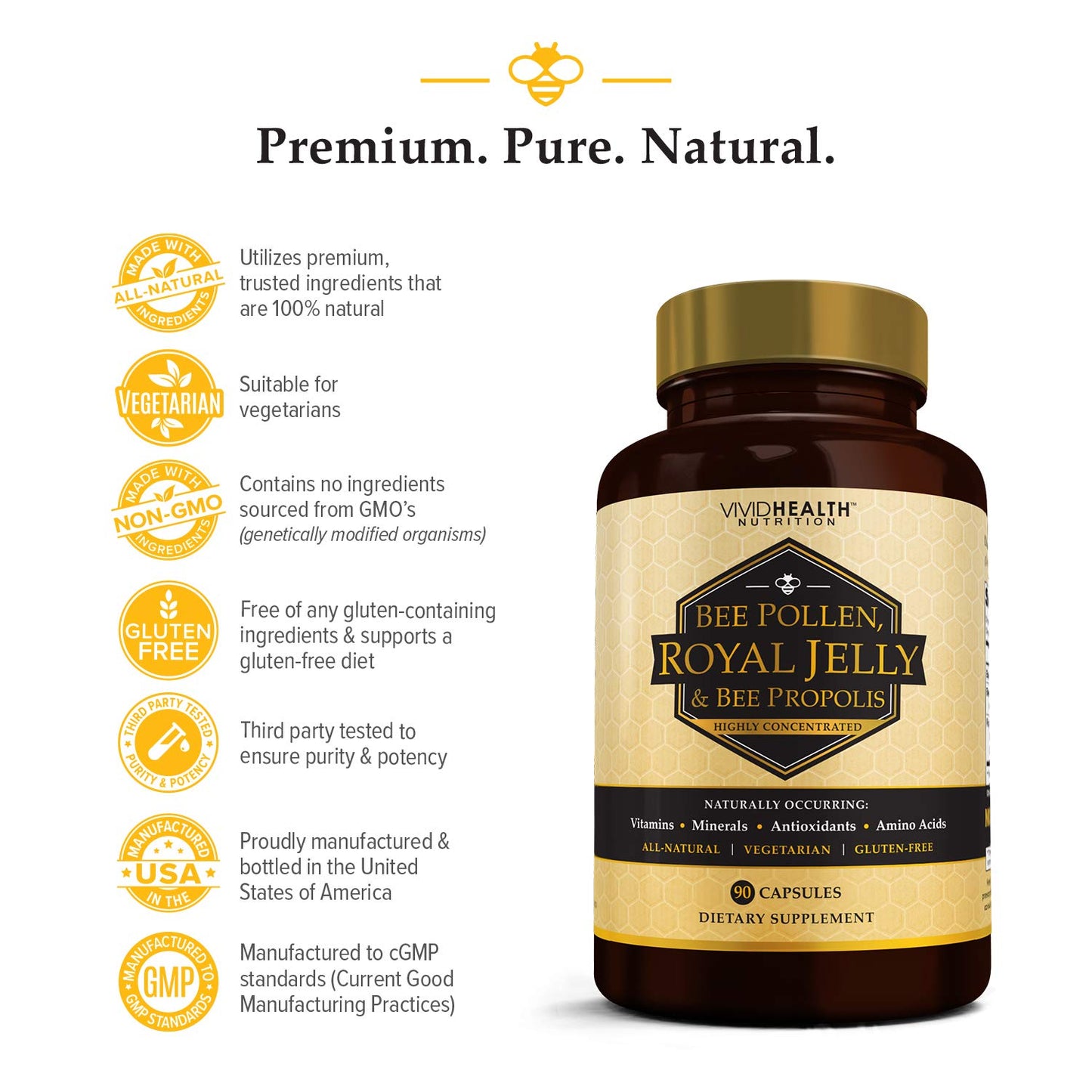 Vivid Health Nutrition High Potency Royal Jelly and Bee Pollen Capsules, 90 Count