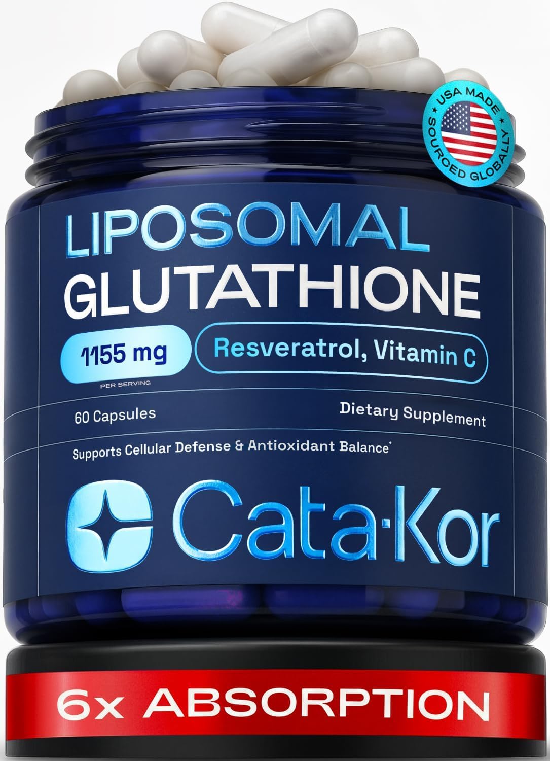 Cata-Kor Liposomal Glutathione – Ultra High Absorption with Resveratrol, Vitamin C, Selenium & Vitamin B2, 60 Capsules