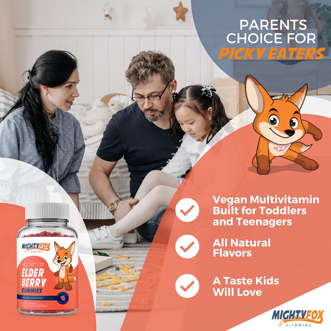 MIGHTY FOX VITAMINS Elderberry Gummies for Kids with Sambucus, Echinacea, Propolis and Vitamin C, 100 Count